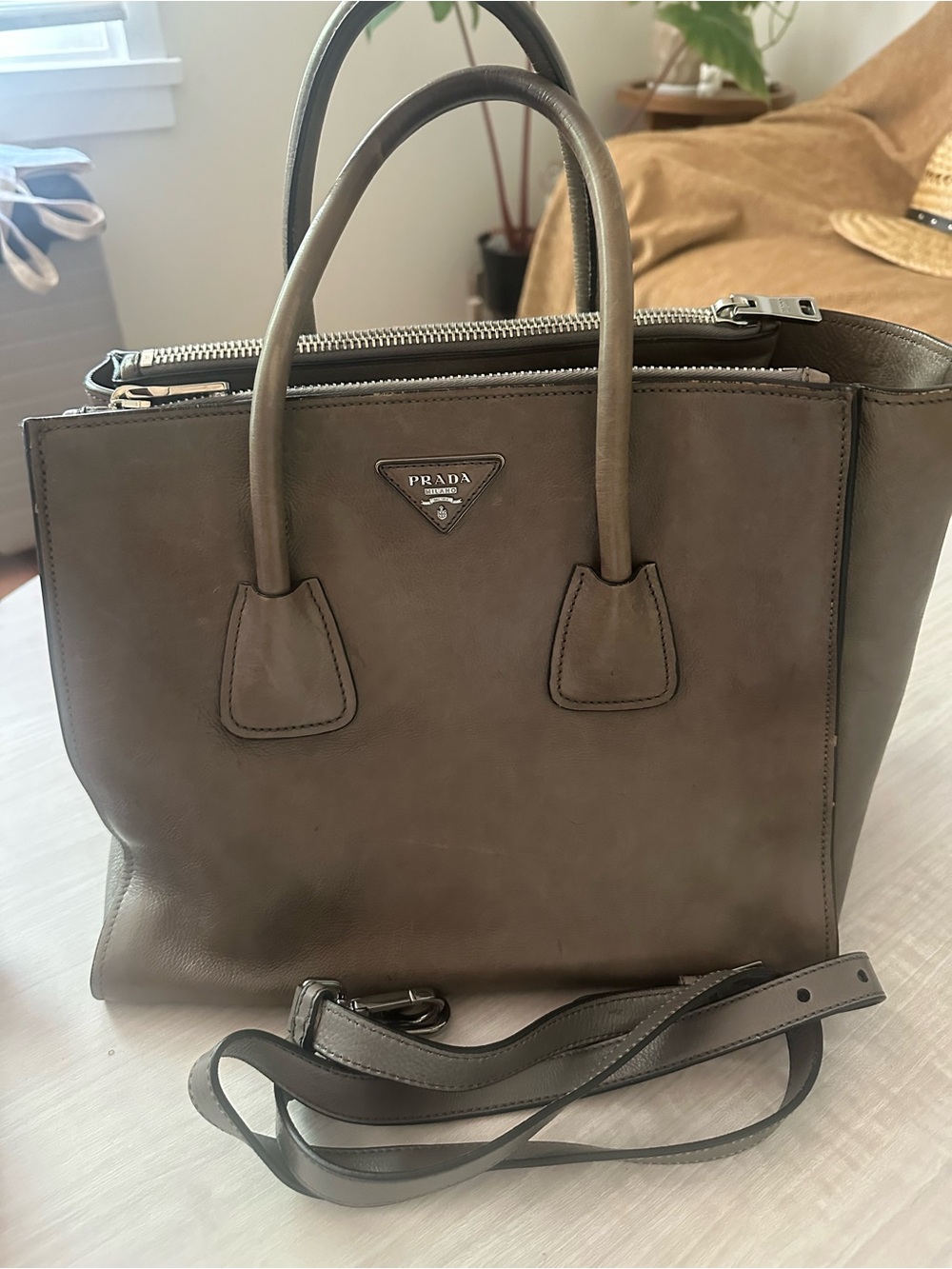 Prada GLACE’CALF Leather Tote with Double Handles - Gray - Picture 7 of 13